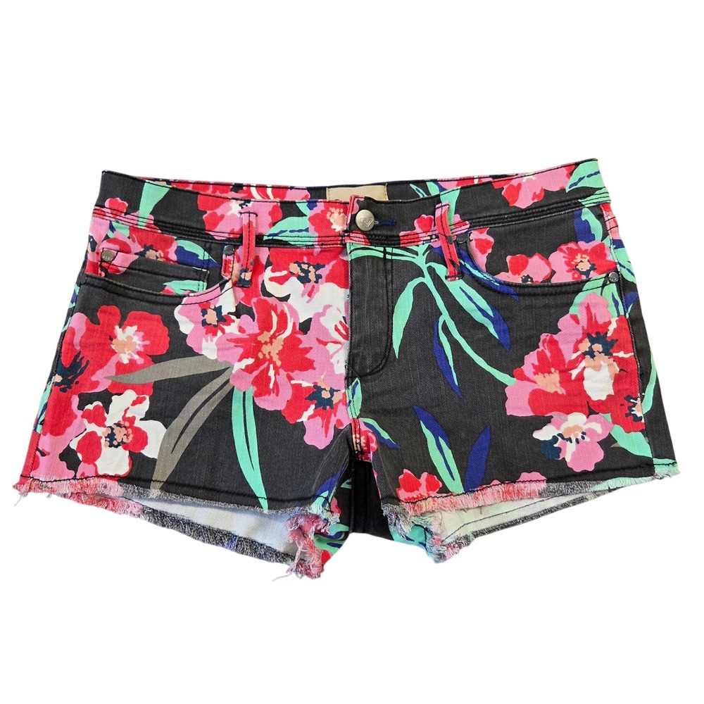 Roxy Denim Floral Cut Off Shorts Tropical Hibiscus Print Black Red Size 9/29